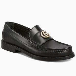 Womens Gucci  Black Leather Loafers Double G gold logo, worn a few times!